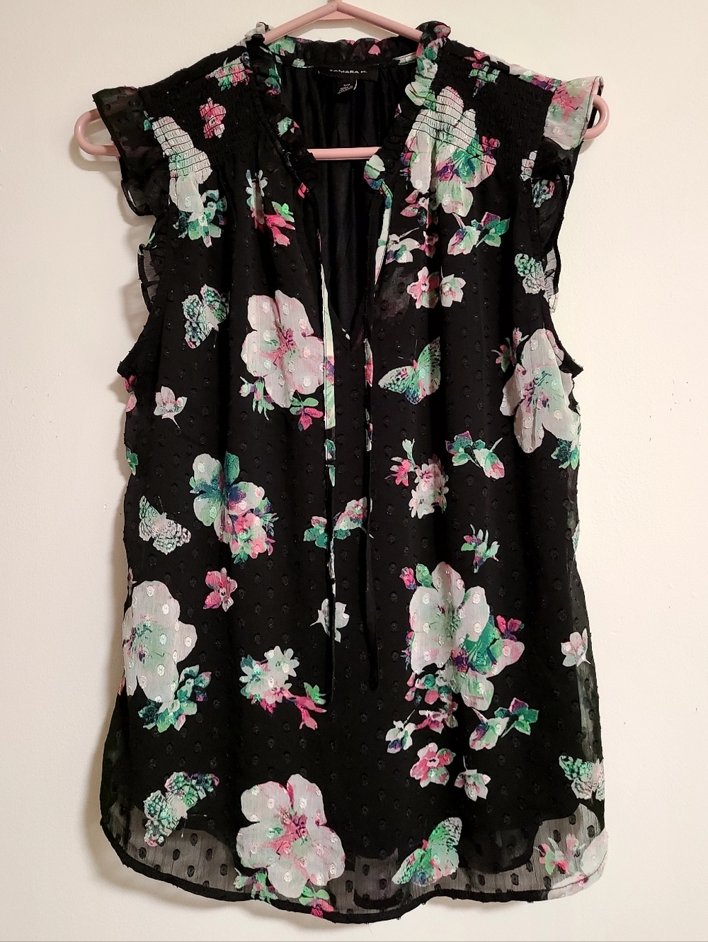 Tamara H Swiss Dot Floral Butterfly Blouse Smocked Ruffle Tie Neck Black Small